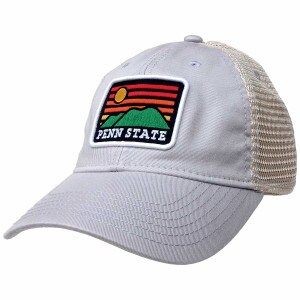 silver hat with stitched patch Penn State under mountain & sun